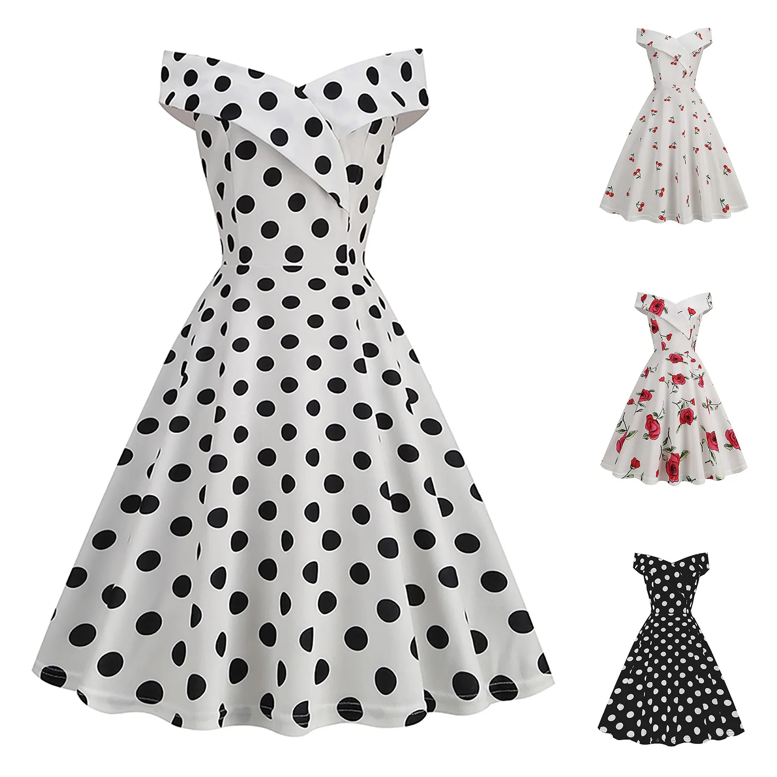 

Dress Swing 50s Prom Vintage Halter Rockabilly Off-shoulder 60s Women Vestidos Dress Floral Party Retro Feminino Polka-dot Belt