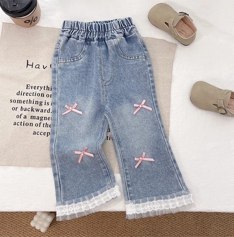 بنطلونات جينز للفتيات لفصلي الربيع والخريف بأسلوب غربي مع دانتيل وفيونكة، سراويل واسعة من الأسفل، بنطلونات طويلة أنيقة للفتيات الصغيرات بأسلوب كوري متعدد الاستخدامات بنطلونات جينز للفتيات لفصلي الربيع والخريف بأسلوب غربي مع دانتيل وفيونكة، سراويل واسعة من الأسفل، بنطلونات طويلة أنيقة للفتيات الصغيرات بأسلوب كوري متعدد الاستخدامات
