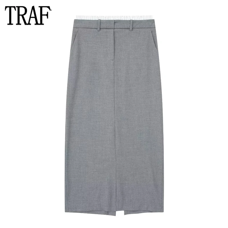 

TRAF Boxer Pleated Long Skirts for Women High Waist Midi Skirt Women Autumn Straight Slit Woman Skirt Office Basic Women's Skirt