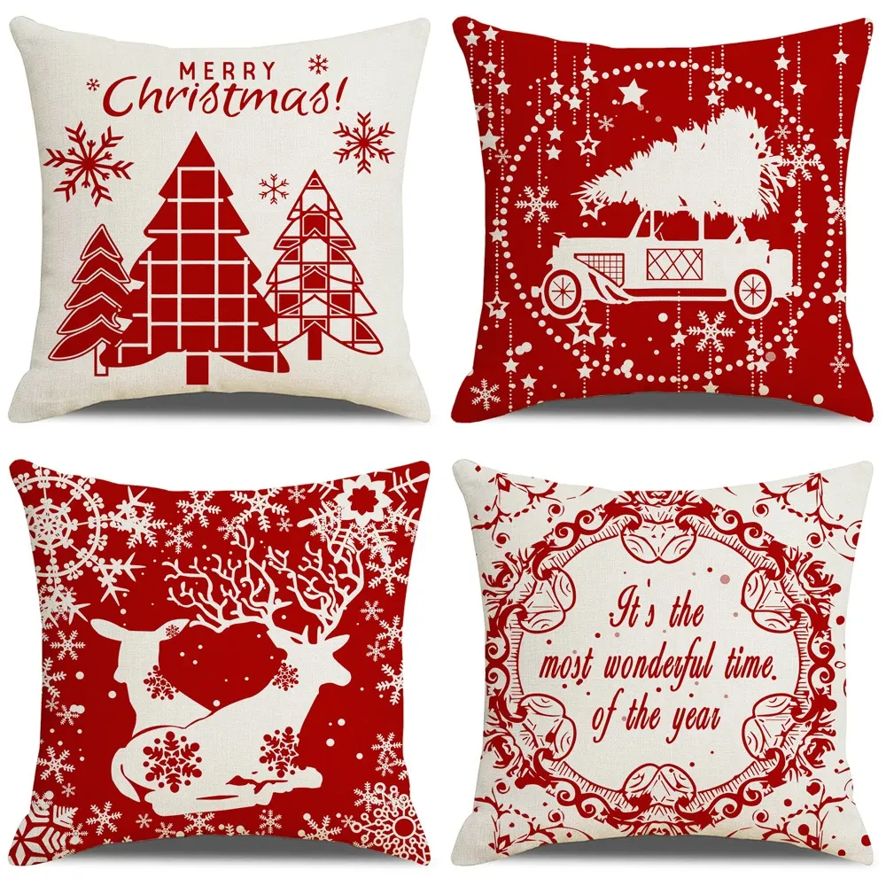 

Merry Christmas Decoration Red Linen Pillow Cover Reindeer Monogram Custom Snowflake Christmas Tree Cushion Cover F1884