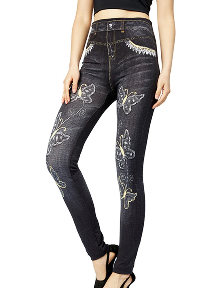 

Butterfly Printed Leggins Pencil Pants Women Leggings Fitness Faux Jeans High Waist Jeggings Stretchy Sports