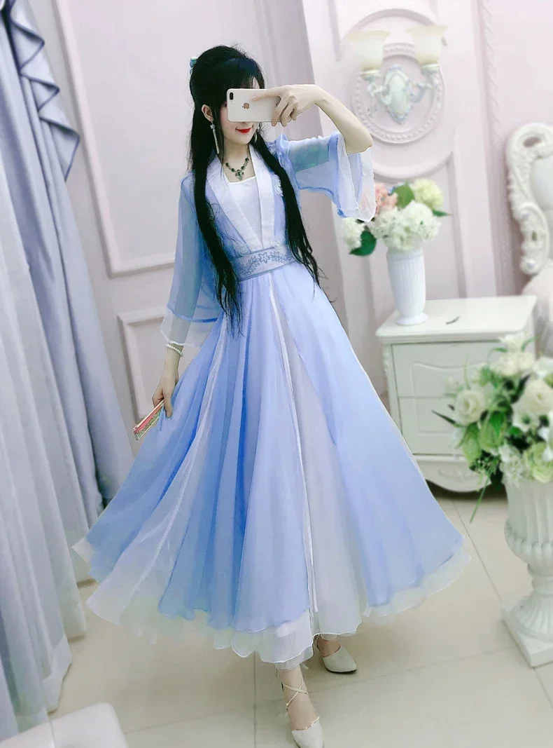 

Chiffon Vintage Long Dress Hanfu Dress For Women Traditional Blue Green Purple Antique Photography Party Clothing Classic