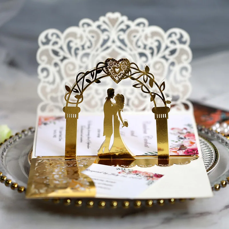 

10pcs 3D Wedding Invitations Bride & Groom Laser Cut Heart Marriage Invitation Card with RSVP Envelope Greeting Cards for Party