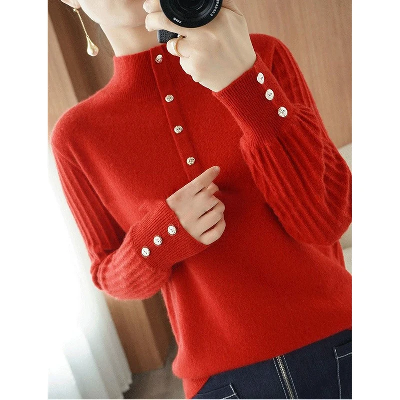 

Autumn Winter Women Jumper Cashmere Sweater Long Sleeve Half Turtleneck Knitted Wool Pullover Female Soft Bottoming Knitwear