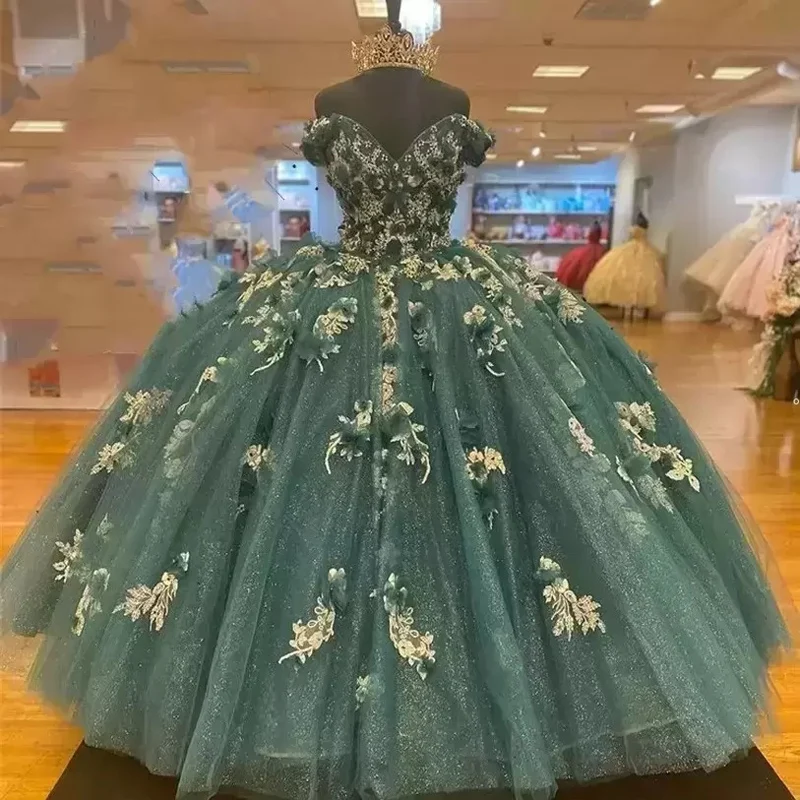 

ANGELSBRIDEP темно-зеленые платья Quinceanera 3D цветы с открытыми плечами принцесса конкурс бальное платье Цветы бусины милое 16 платье