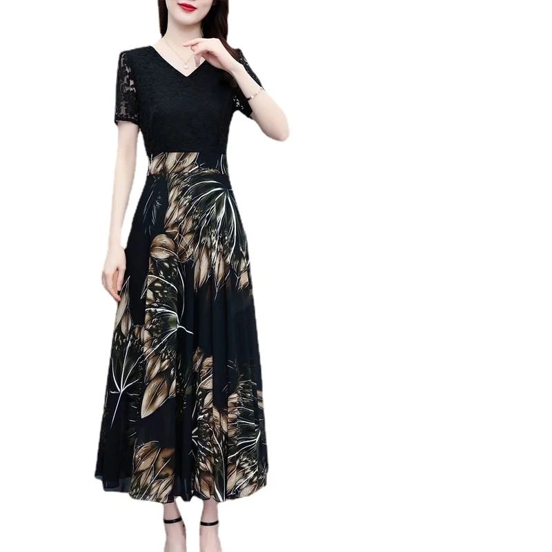 New Summer Printed Large Women's Dress V-neck Short Sleeve High End Lace Chiffon Dress Long Slim Fit Dress
New Summer Printed Large Women's Dress V-neck Short Sleeve High End Lace Chiffon Dress Long Slim Fit Dress