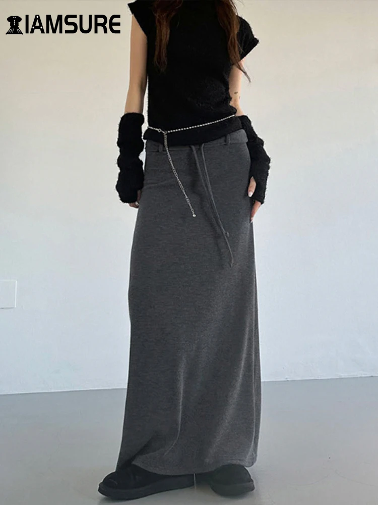 

Базовая однотонная трикотажная прямая юбка макси IAMSURE с заниженной талией, Женская мода осень-зима 2023, уличная женская одежда