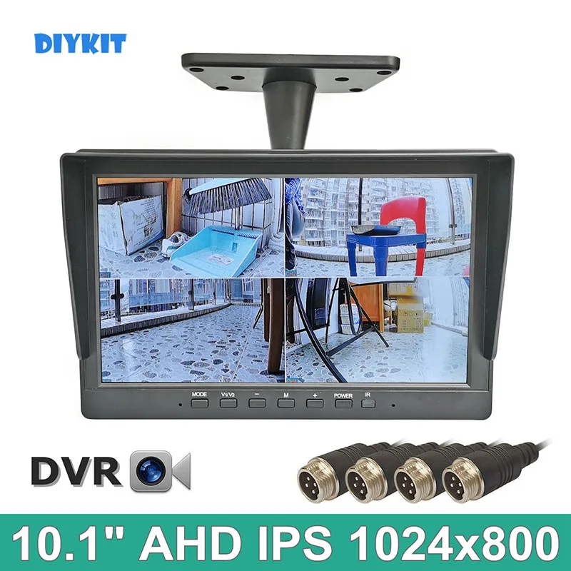 

DIYKIT 1024*800 AHD IPS 10.1inch 4 Split Quad Screen Rear View Car Monitor Support 4 x 960P AHD Camera Video Recording