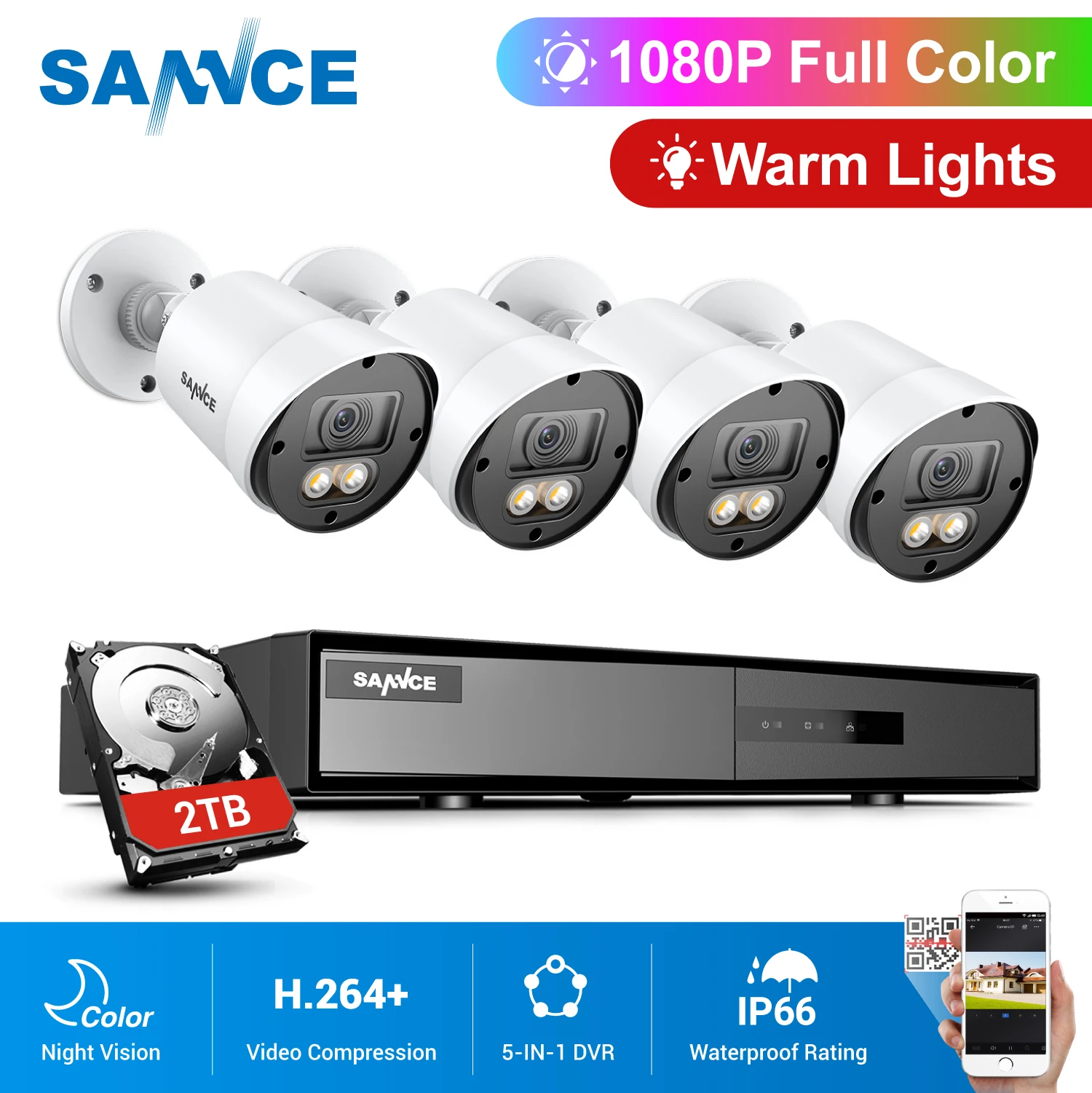 SANNCE H.264+ 2MP Full HD Outdoor Security Cameras 4CH DVR CCTV System 4PCS 1080P TVI AHD CVI CVBS Video Surveillance System Kit
SANNCE H.264+ 2MP Full HD Outdoor Security Cameras 4CH DVR CCTV System 4PCS 1080P TVI AHD CVI CVBS Video Surveillance System Kit
