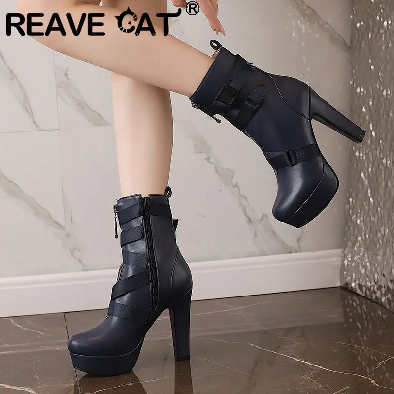 

REAVE CAT Sexy Women Ankle Booties Round Toe Ultrahigh Heels 12cm Platform 2.5cm Zipper Belt Buckle Large Size 49 50 Party Boots