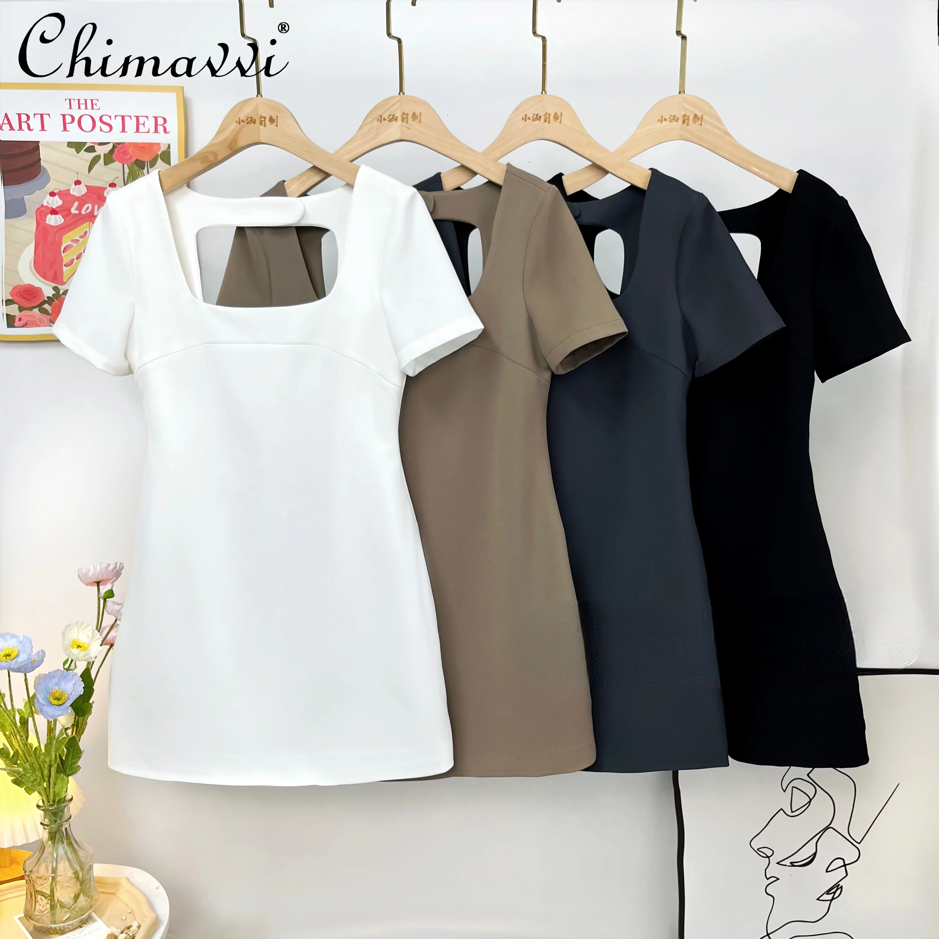 

Sexy Lady Square Collar Dress 2022 New Fashion Waist-Controlled Temperament Slimming French High-end A- Line Black Dress Women