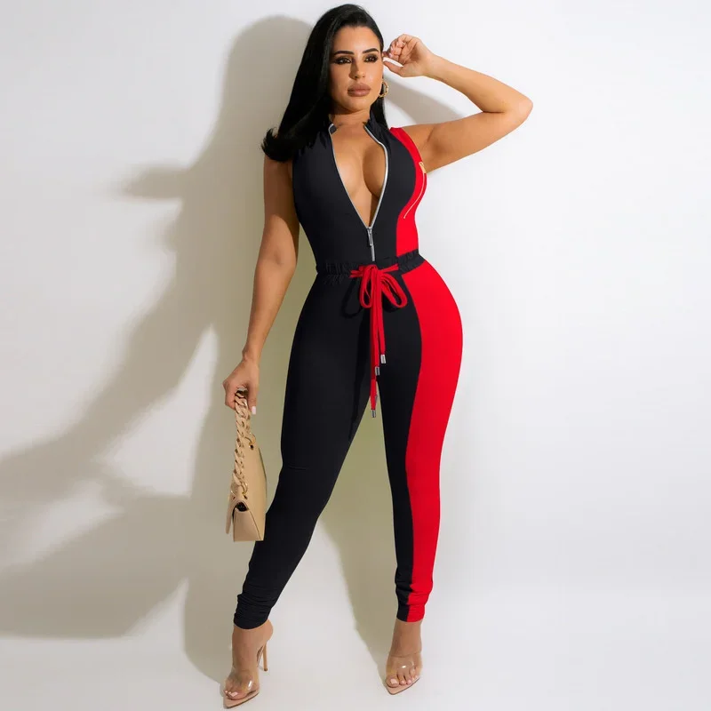 

KEXU Women Patchwork Sleeveless Zipper Fly Moto Biker Jumpsuit High Waist Bodycon One Piece Overalls Playstuit