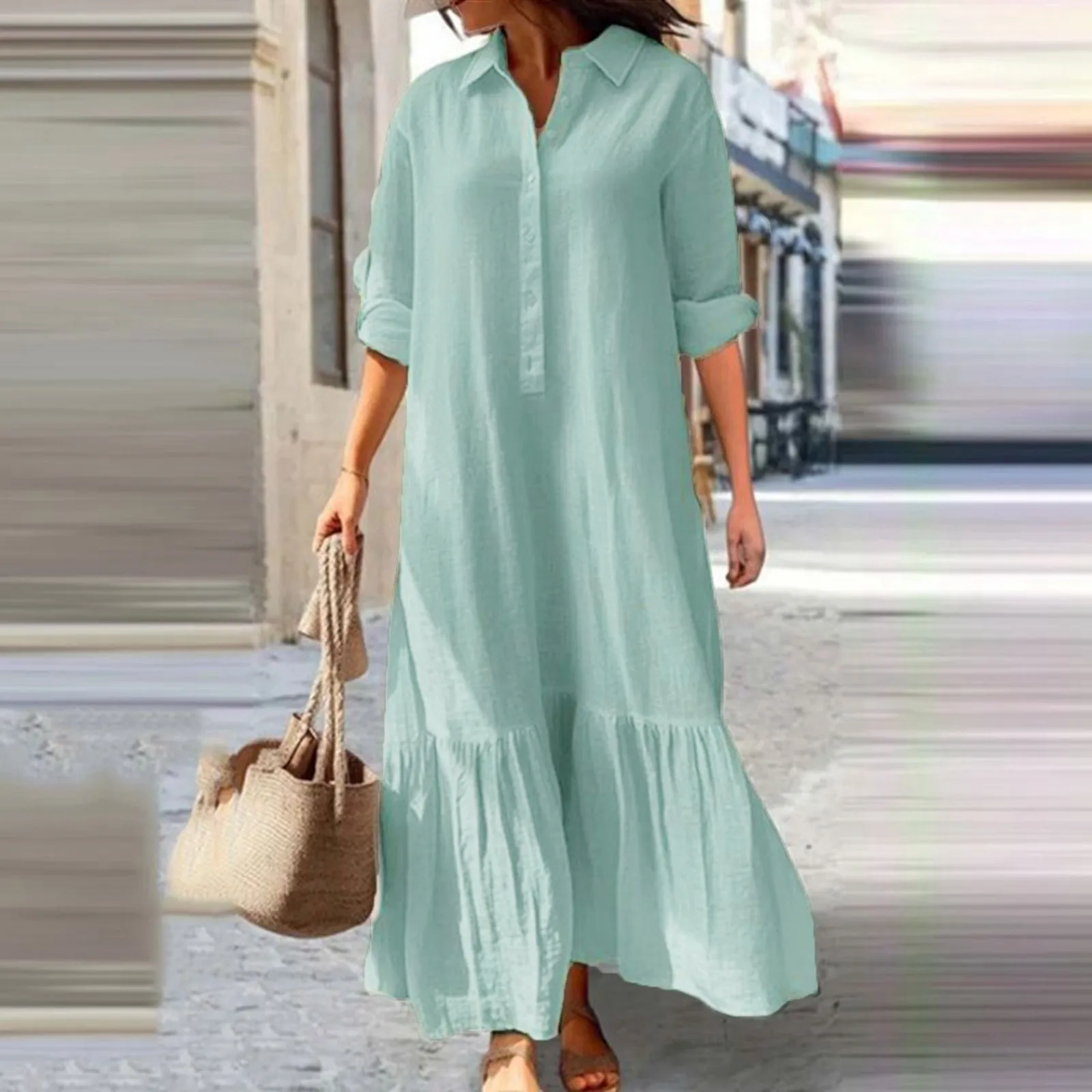 

Fashion Lapel Neck Shirtdress Woman Long Asymmetrical Shirt Dress Vintage OL Office Sundress Long Sleeve Solid Casual Dresses