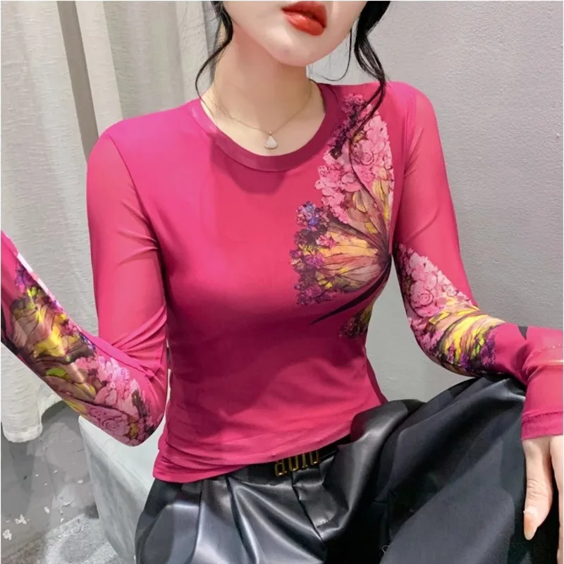 #9125 Black Red Butterfly Printed Mesh Long Sleeve T Shirt Women Thin Sexy Round Neck Skinny Office Tshirt Elastic Tee Spring
#9125 Black Red Butterfly Printed Mesh Long Sleeve T Shirt Women Thin Sexy Round Neck Skinny Office Tshirt Elastic Tee Spring