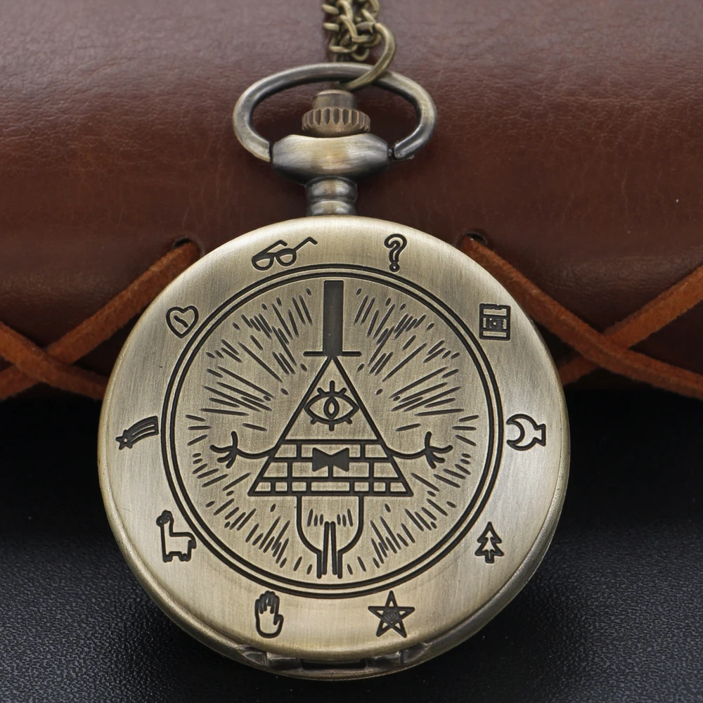 

Bronze Strange Triangle Eye Sign Quartz Pocket Watch Vintage Steampunk Fob Chain Necklace Waist Pendant Men's and Women's Gift