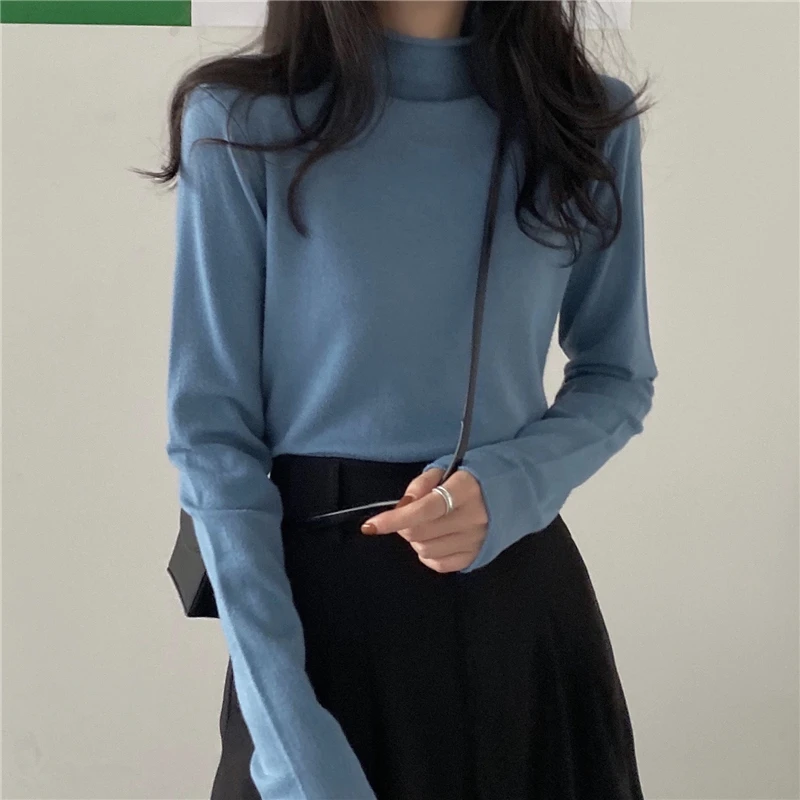 Spring Autumn Female Bottoming Shirt Simple Half High Collar Full Sleeve Slim Tops Solid Color Casual Pullover Women Knitwear 
Spring Autumn Female Bottoming Shirt Simple Half High Collar Full Sleeve Slim Tops Solid Color Casual Pullover Women Knitwear