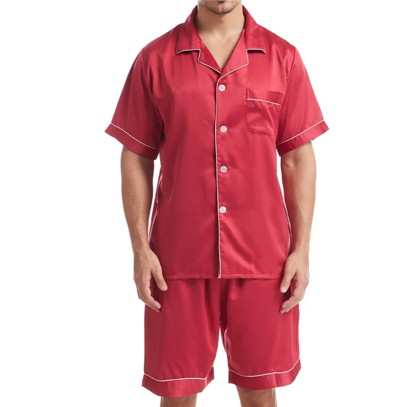 2PCS Summer Fashion Mens Silk Satin Pajamas Set Solid Color Short Sleeves Button Tops Loose Lounge Shorts Sleepwear Home Clothes
2PCS Summer Fashion Mens Silk Satin Pajamas Set Solid Color Short Sleeves Button Tops Loose Lounge Shorts Sleepwear Home Clothes