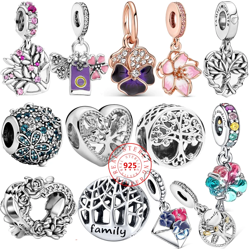 

New 925 Sterling Silver Openwork Family Tree Flowers Sparkling Beads Fit Original Pandora Charms Bracelet Women Fine Jewelry DIY