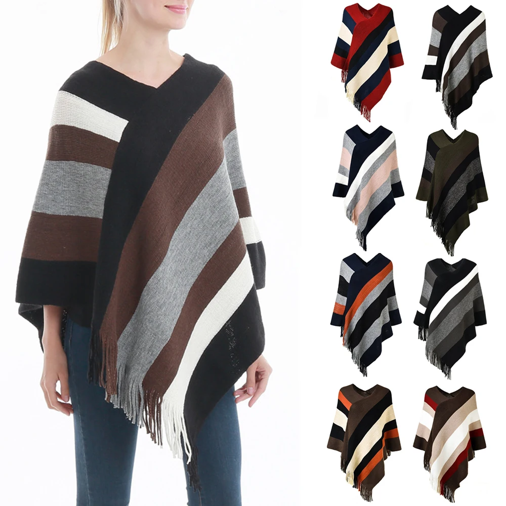 

Womens Elegant Knitted Poncho Top with Stripe Patterns and Fringed Sides Dropshipping