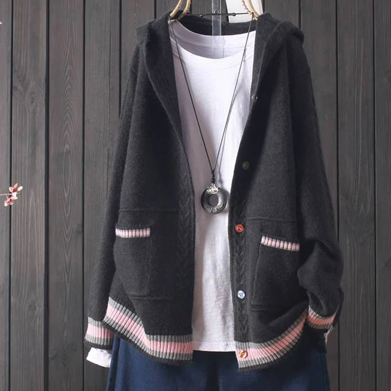

Women Sweater Cardigan Oversize Knitted Jackets Hooded Sweatshirt Long Sleeve Tops Winter Clothes 2023 Vintage Knitwear Outwears