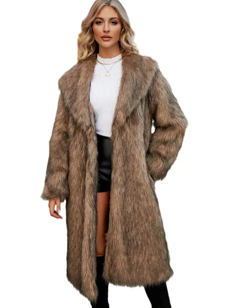 

Женское теплое длинное пальто из искусственного лисьего меха, зимние куртки, длинная куртка для отдыха, ветровка, Женская Толстая пушистая Роскошная верхняя одежда