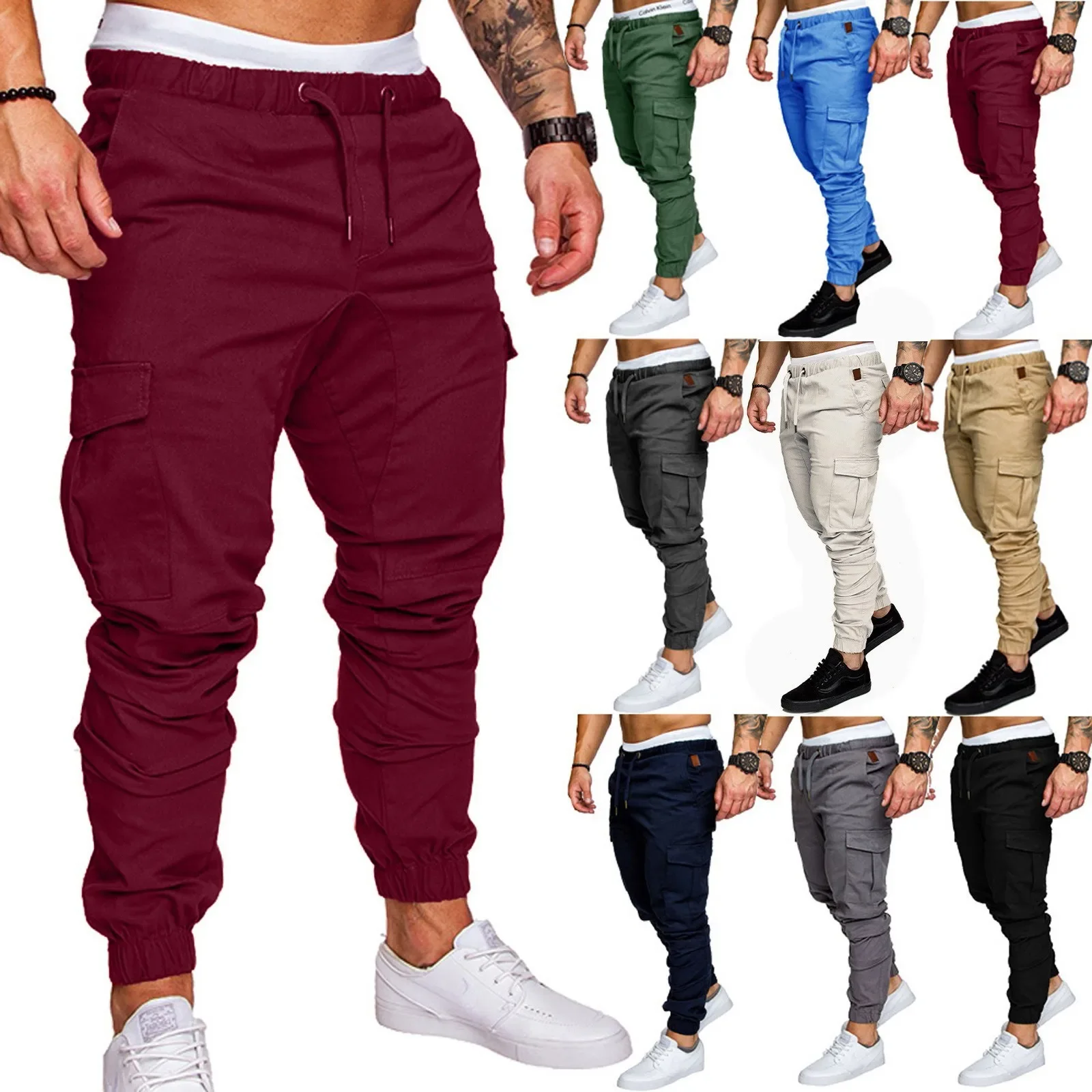 

Fashion Men's Skinny Jeans Trousers Solid Color Male Slim Fit Frayed Denim Pants Drawstring Washed Overalls Trousers