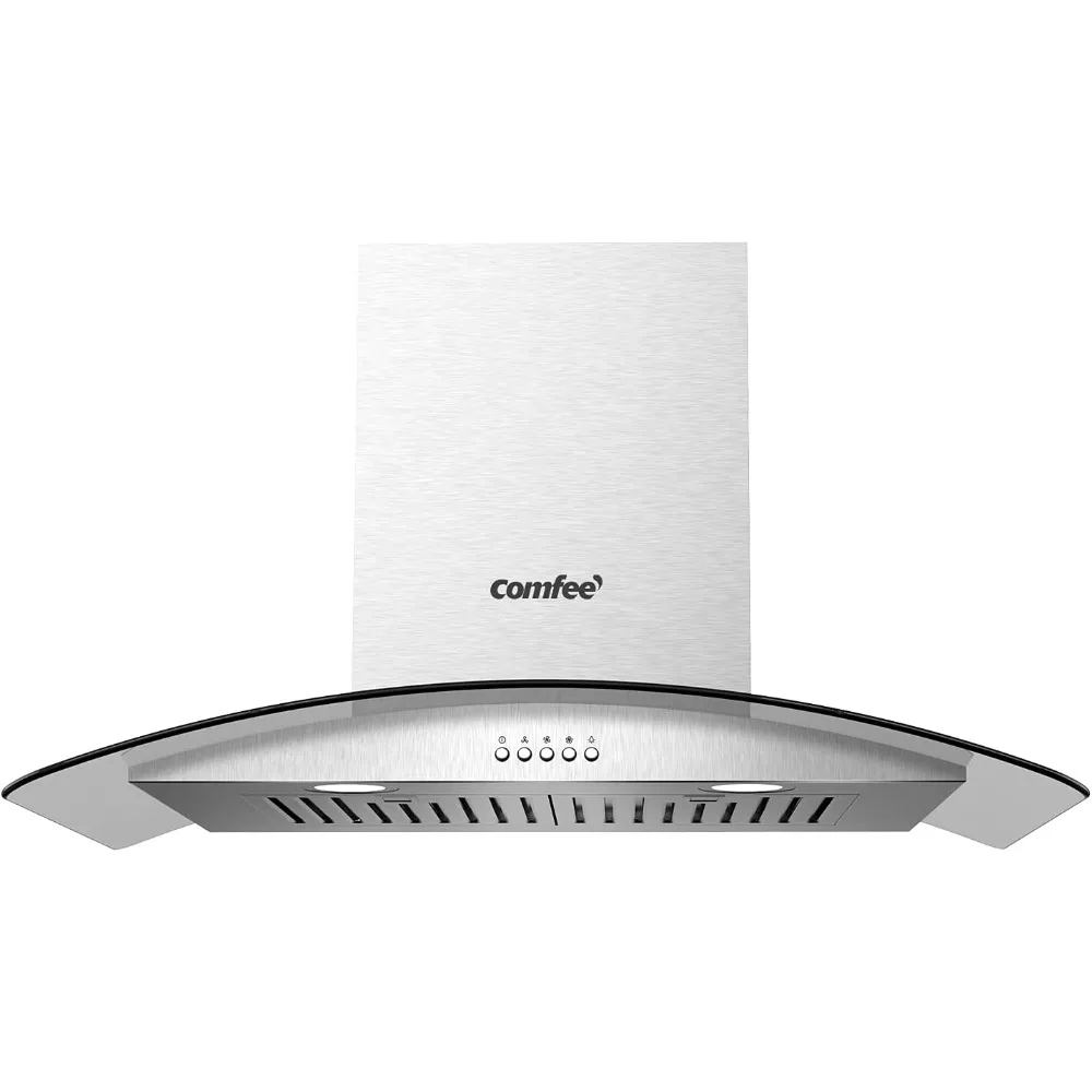 

30 Inches Ducted Wall Mount Vent Range Hood with 450 CFM 3 Speed Exhaust Fan, Baffle Filters, Curved Glass, 2 LED Lights