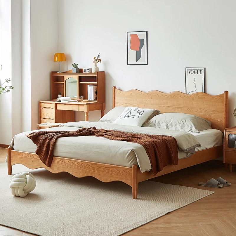 

Solid wood 1.5-meter double bed, master bedroom, cherry wood 1.8-meter row skeleton bed, simple and modern small unit design