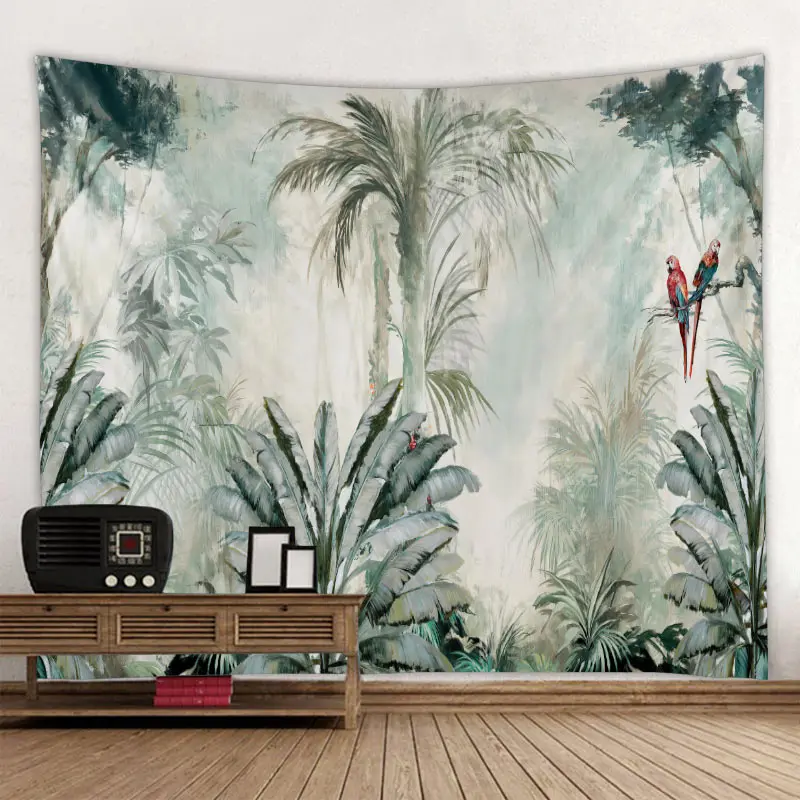 

Hand painted tropical jungle tapestry retro oil painting wall hanging bohemian style living room bedroom home decoration