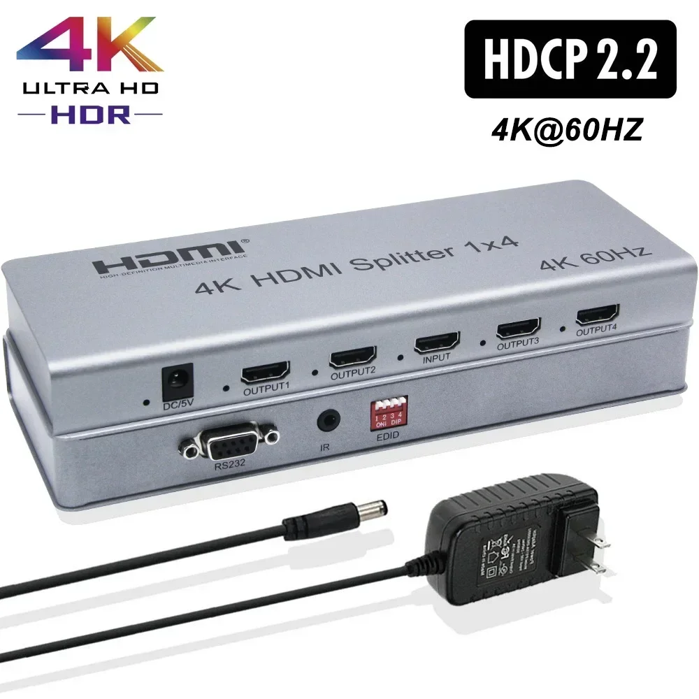 

4K 60hz 1x4 HDMI 2.0 Splitter HDCP2.2 1080p 1 in 4 Out Multi Screen Mirror Display for Ps3 Ps4 Camera PC To TV Monitor Projector