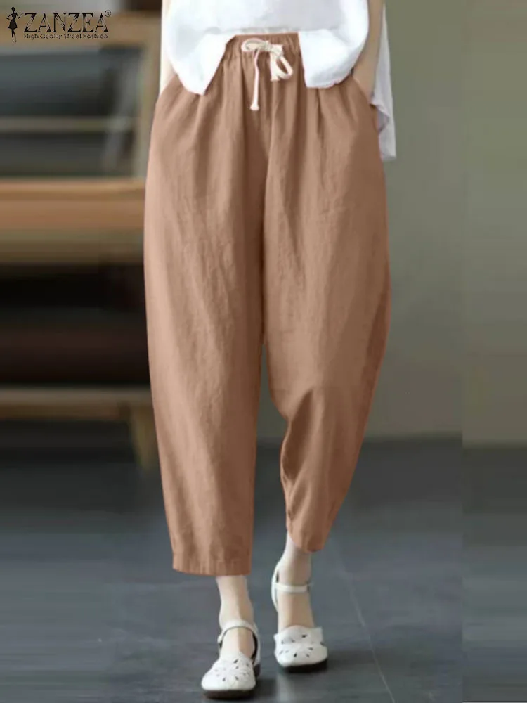 

2024 летние брюки ZANZEA, повседневные хлопковые длинные брюки, женские винтажные бриджи с эластичным поясом, элегантные рабочие Капри оверсайз