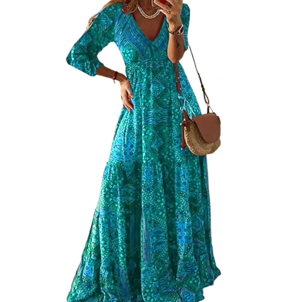 Women Maxi Dress Vintage Print Deep V Neck High Waist Patchwork Loose Hem Bohemian Dress Soft Floor Length Dress 
Women Maxi Dress Vintage Print Deep V Neck High Waist Patchwork Loose Hem Bohemian Dress Soft Floor Length Dress