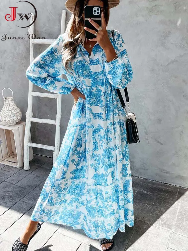 Blue Floral Print Long Sleeve Shirt Dress Women Casual Elegant Loose A Line Party Maxi Dresses
Blue Floral Print Long Sleeve Shirt Dress Women Casual Elegant Loose A Line Party Maxi Dresses