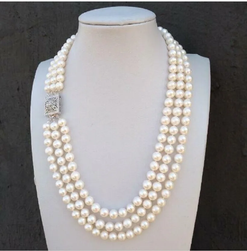 

Triple Strands AAA 7-8mm Genuine South Sea White Pearl Necklace 18"19"20" 925s