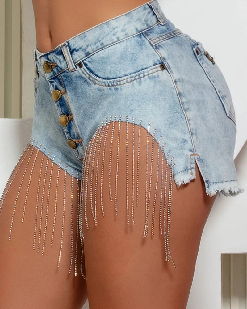 

Summer Sexy Women's Denim Shorts Tassel Design Button Fly Raw Hem Skinny Denim Shorts Jeans