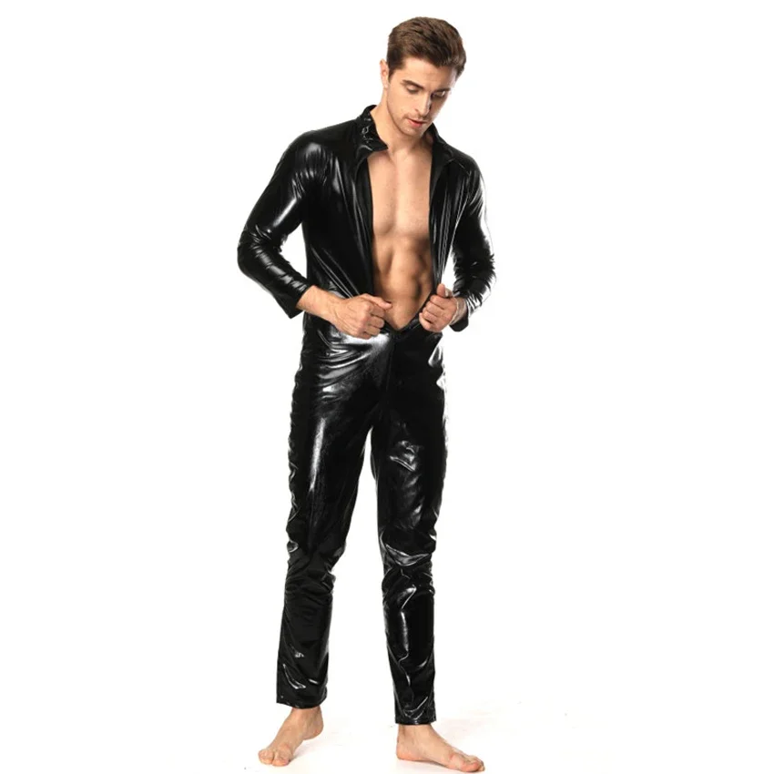 

Male PVC Leather Bodysuit Black Open Crotch Zipper Jumpsuit Fetish Latex Clubwear Catsuit