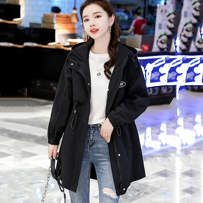

Trench Coat Women Spring Autumn New High-End Windbreaker Jacket Long Fashion Female Casual Hooded Parka Overcoat With Lining