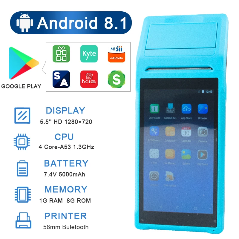 8 1 Android POS 58 мм Bluetooth термопринтер чековый портативный терминал КПК точка продажи