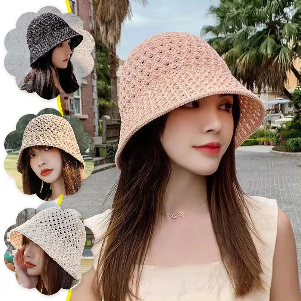 

Summer Wide Brim Floppy Hats Folding Women Beach Straw Fisherman Hat Bucket Hollow 4 Fashion Beach Cap Color A1B1