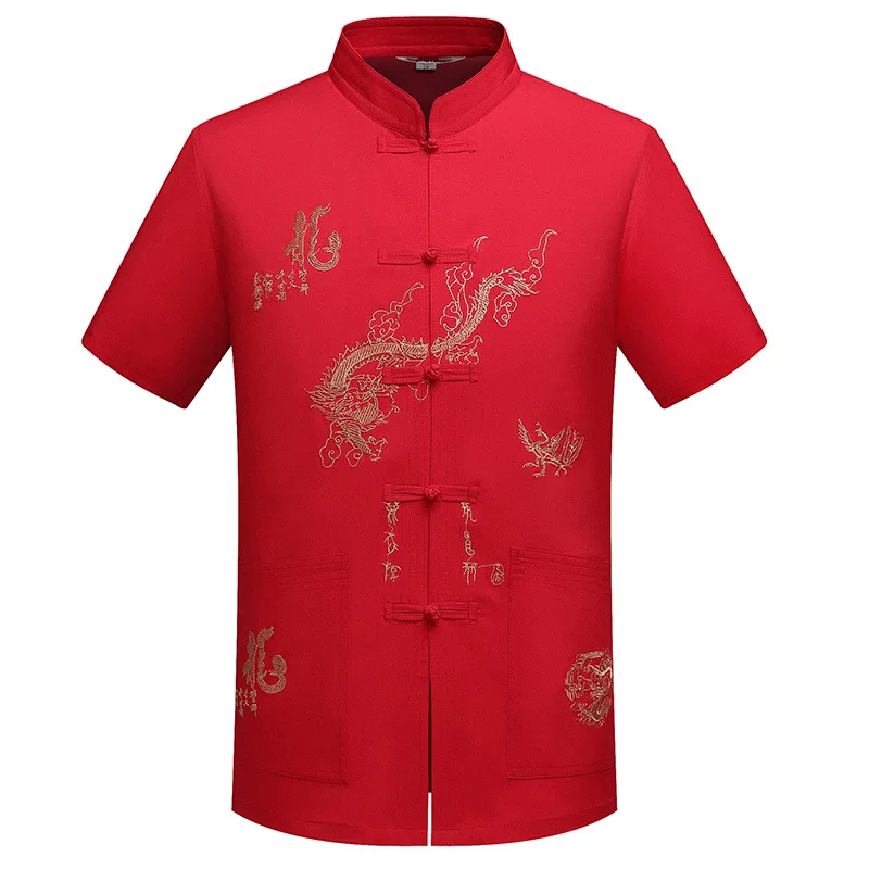 

Chinese Traditional Tang Clothing Top Mandarin Collar Kung Fu Wing Chun Garment Top Short Sleeve Embroidery Dragon Shirt M-XXXL