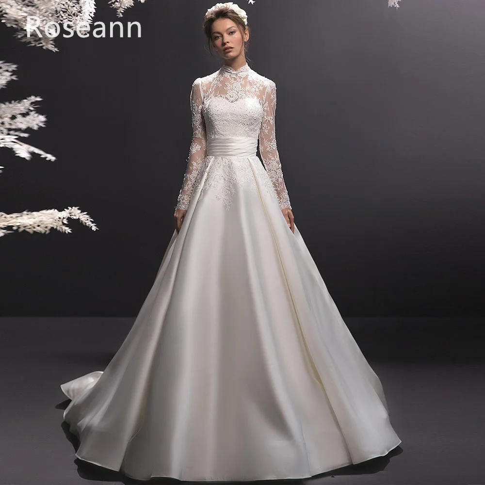

Платье Свадебное ТРАПЕЦИЕВИДНОЕ с высоким воротником, Тюлевое атласное в мусульманском стиле, с цветочным кружевом, с аппликацией, в пол, цвета слоновой кости, для невесты