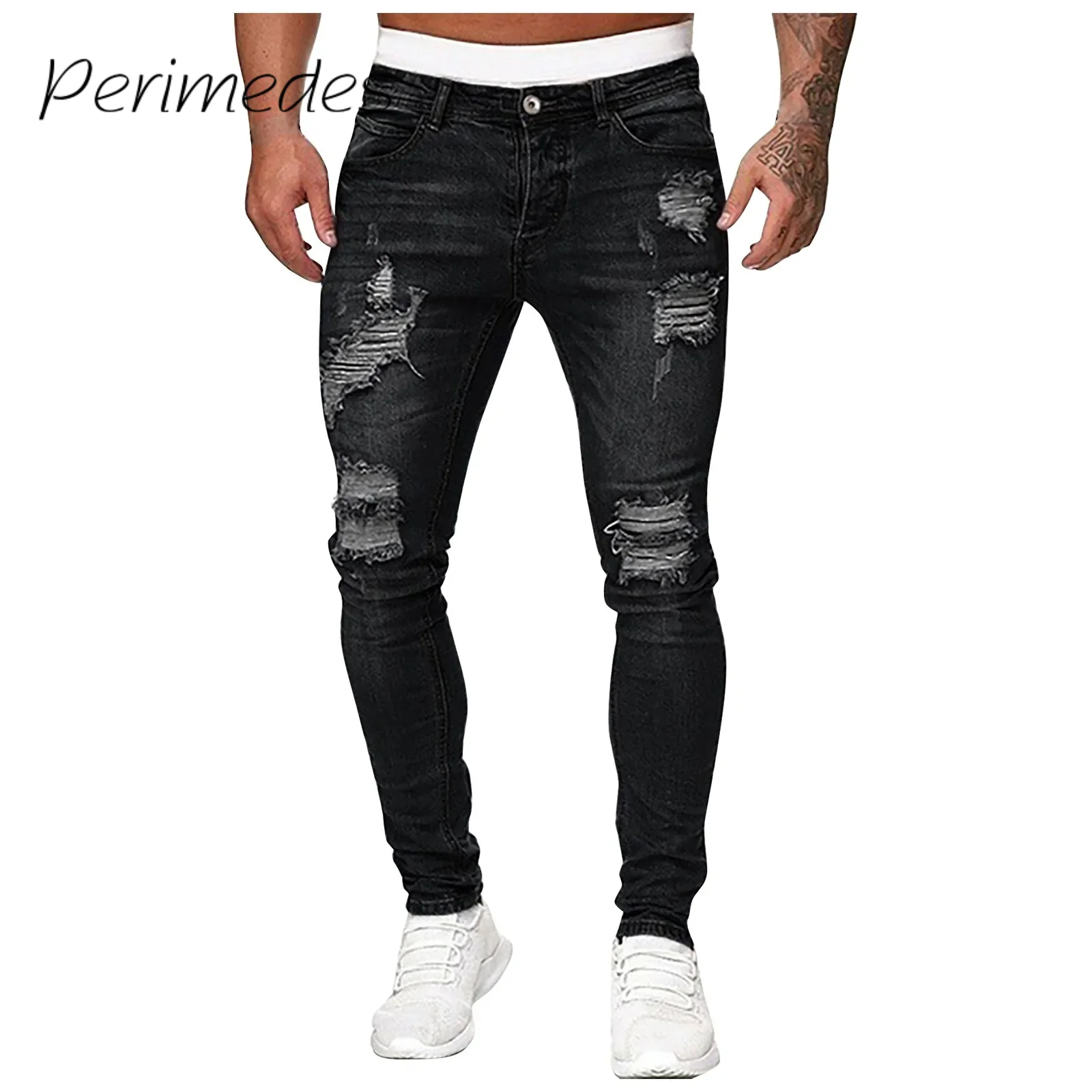 

Men'S Casual Slim Fitness 2024 Pants Denim Chinos Summer Jeans Ripped Distressed Solid Color Durable Twill Fashion Pantalones