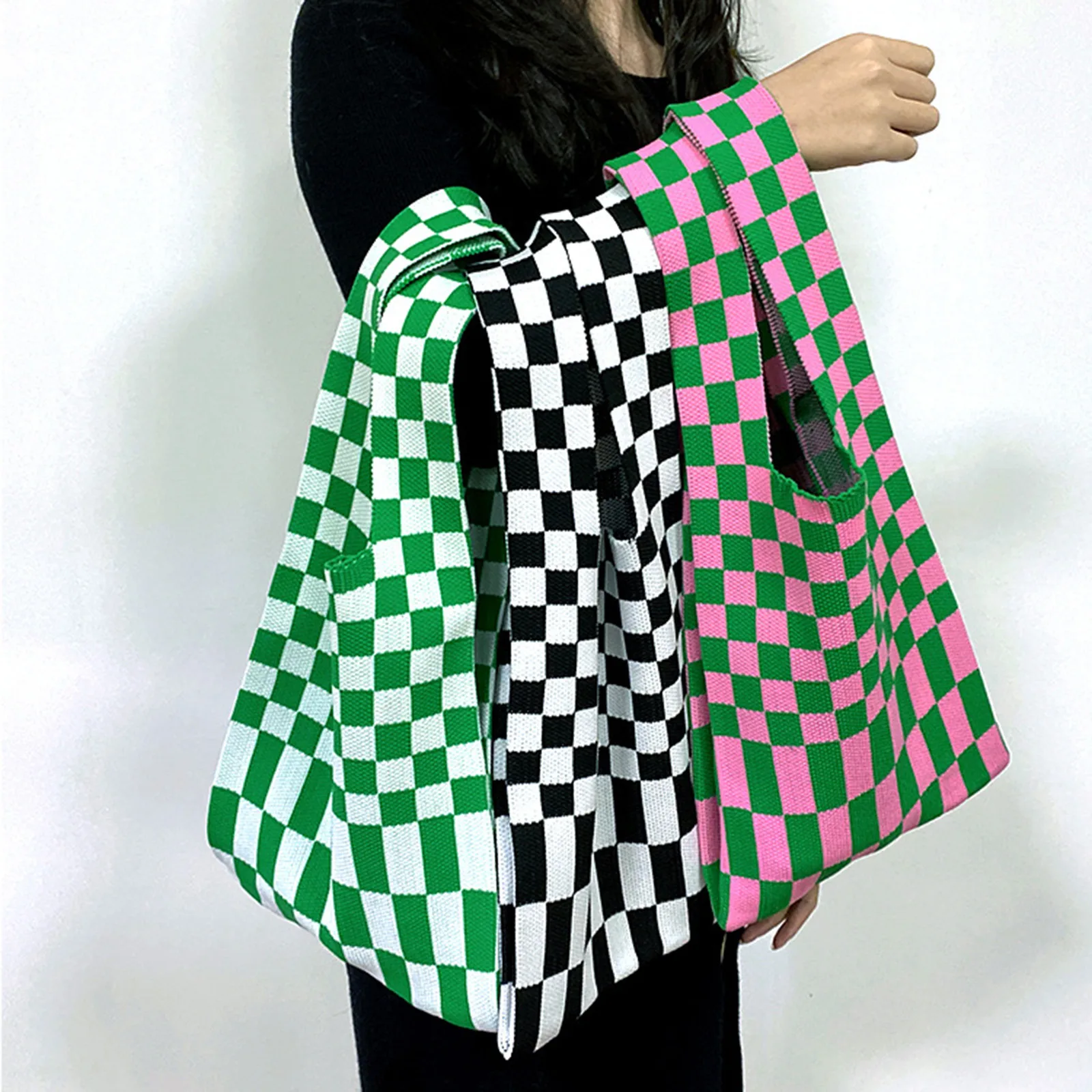 

Retro Weave Plaid Handbags Women Wrist Bag Knitting Checkered Tote Shoulder Bags