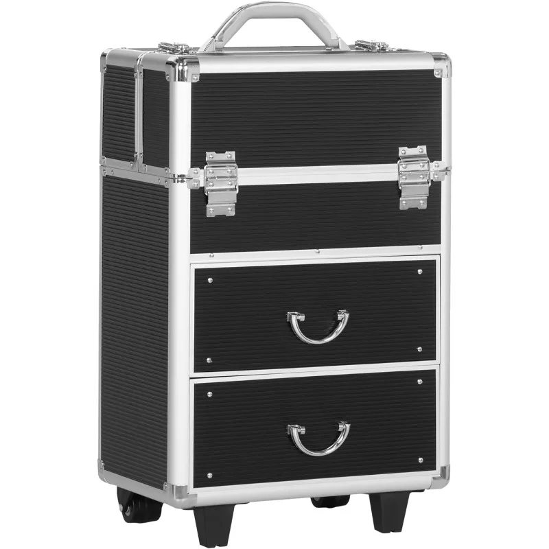 

Professional Rolling Full Makeup Travel Train Case, Large Storage Cosmetic Trolley with Folding Trays, Drawer and Locks, Black