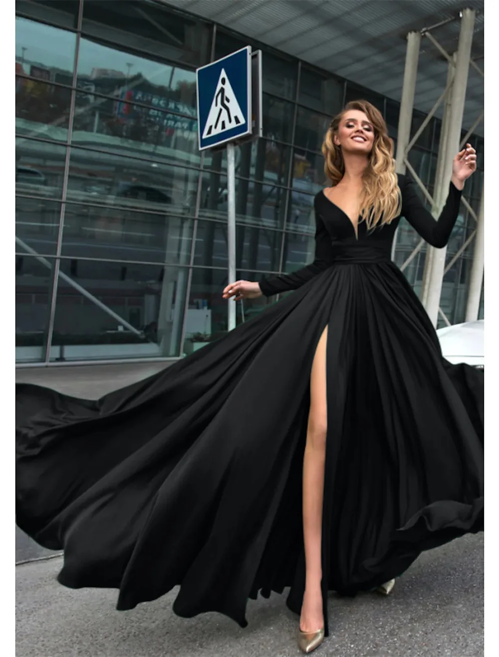 

Empire Minimalist Sexy Holiday Formal Evening Birthday Dress V Neck Back Long Sleeve Floor Length Chiffon with Slit Pure Color