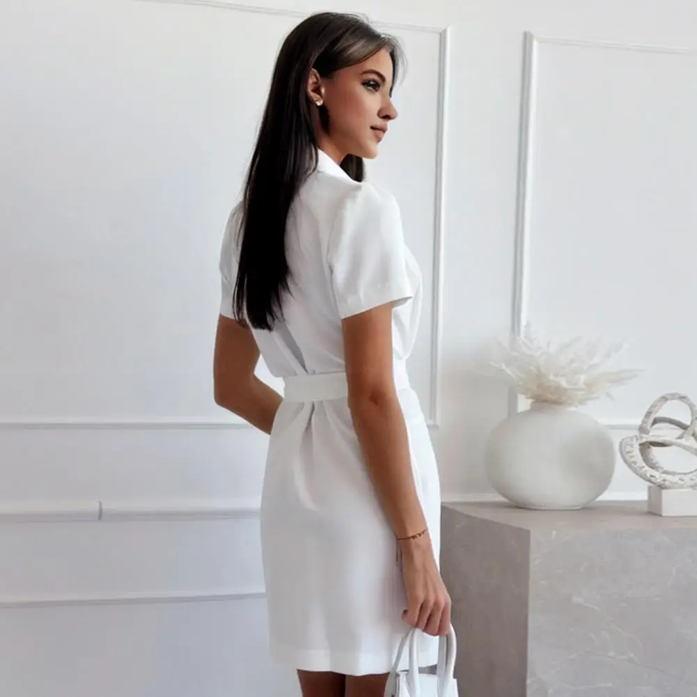 V-neck Dress Elegant Double-breasted Belted Midi Dress for Office Meetings Commutes Turn-down Collar V Neck Short Sleeves Solid 
V-neck Dress Elegant Double-breasted Belted Midi Dress for Office Meetings Commutes Turn-down Collar V Neck Short Sleeves Solid