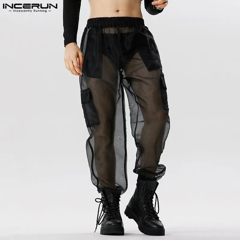 

Stylish Casual Style Trousers INCERUN New Men's Party Shows Hot Sale Long Pants Sexy Solid See-through Thin Mesh Pantalons S-5XL