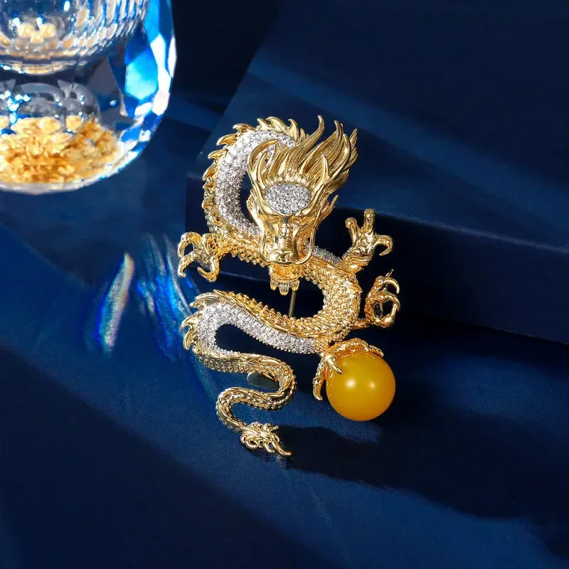 

High End Luxury Chinese Style Dragon Play Pearl Brooch for Men Women Elegant and Charming Corsage Jewelry Accessories Pin Gifts