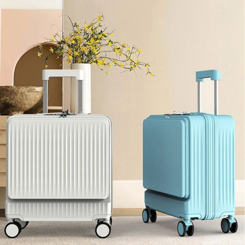 

18 Inch Rolling Luggage Travel Suitcase Front Open Cover Suitcases Boarding Box Student Trolley Password Case Cup Holder Trunk