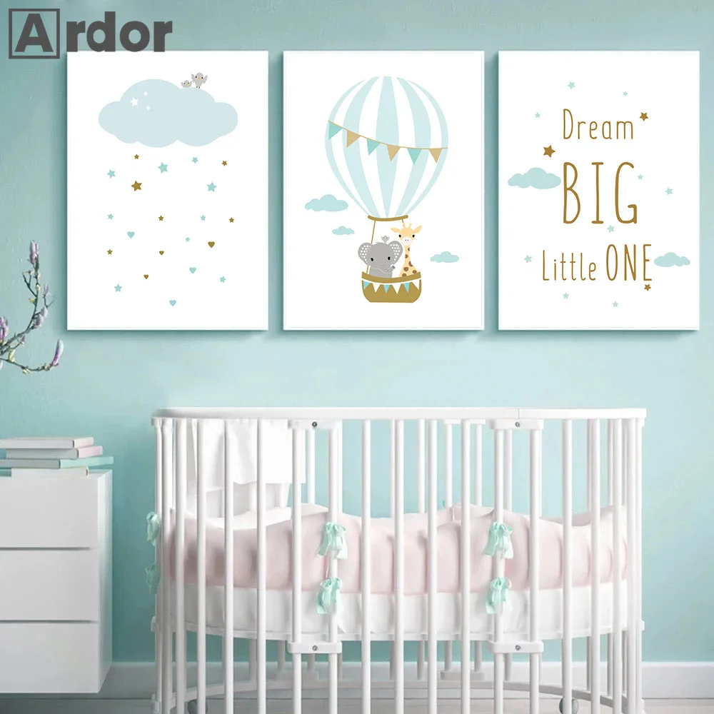 

Giraffe Elephant Hot Air Balloon Wall Art Painting Nursery Canvas Poster Cloud Print Picture Nordic Posters Kids Room Decoration